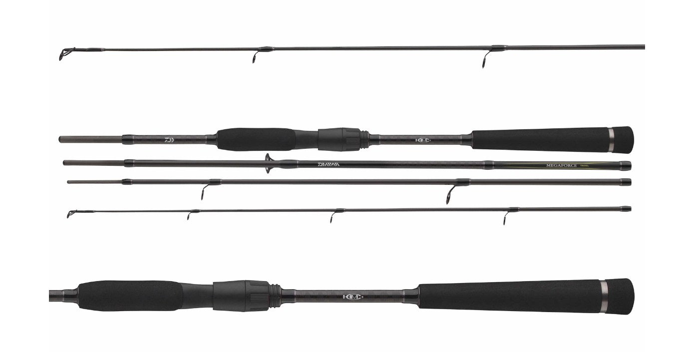 Спининг въдица DAIWA 23 MEGAFORCE TRAVEL SPIN - 2.40m/10-40gr - 4 секции на фона с различни секции.