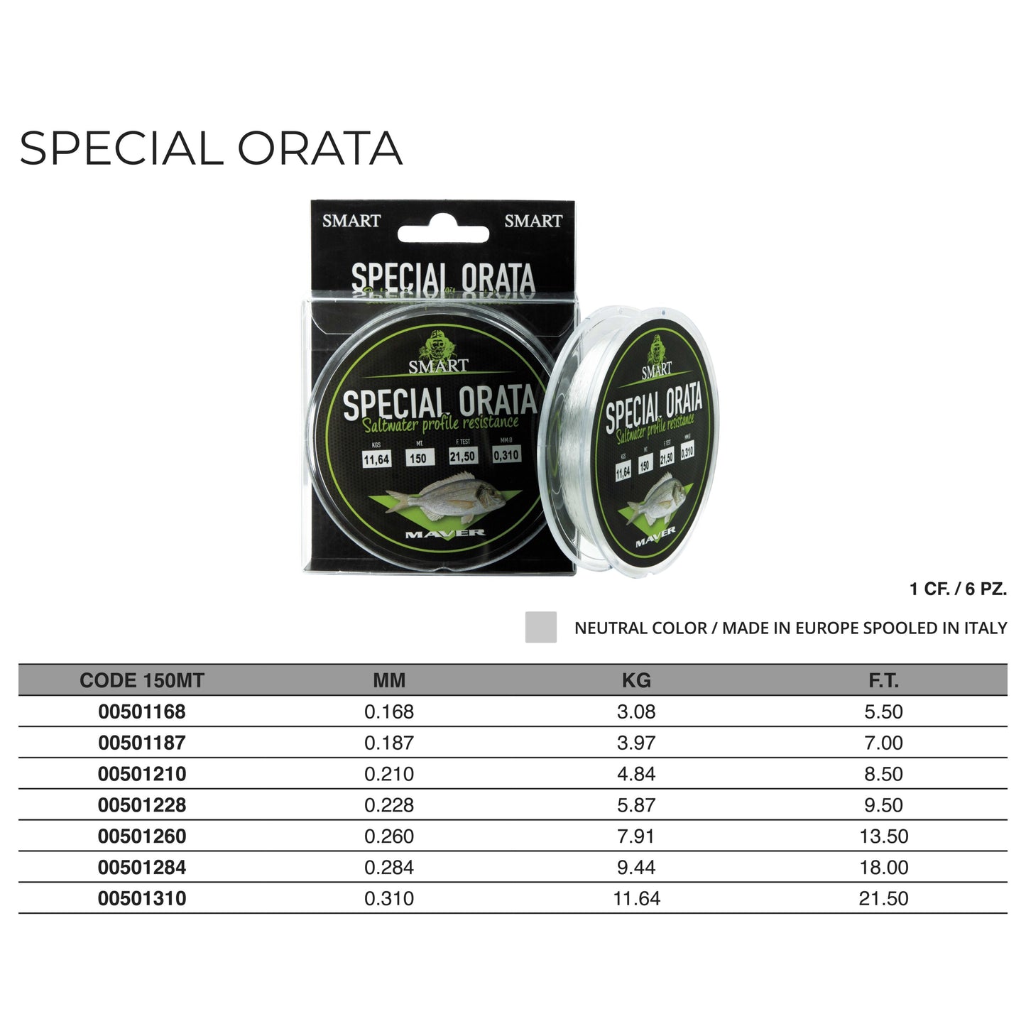 Монофилно влакно Maver Smart SPECIAL ORATA - 150m, риболовни такъми, опаковка с информация за дебелини и тегло.