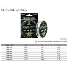 Монофилно влакно Maver Smart SPECIAL ORATA - 150m, риболовни такъми, опаковка с информация за дебелини и тегло.