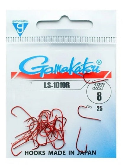 Куки GAMAKATSU LS 1010R - RED в опаковка от 25 броя, размер 8, идеални за деликатен риболов със стръв.