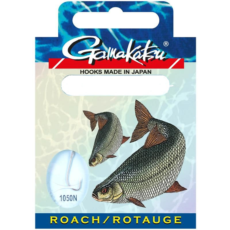 Вързани куки GAMAKATSU ROACH 1050N опаковка с риби и кука, специално проектирани за риболов.