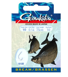 Вързани куки GAMAKATSU FEEDER BREAM 1810B - куки за платика, 75 см, 10 ръчно вързани повода, размер 10.