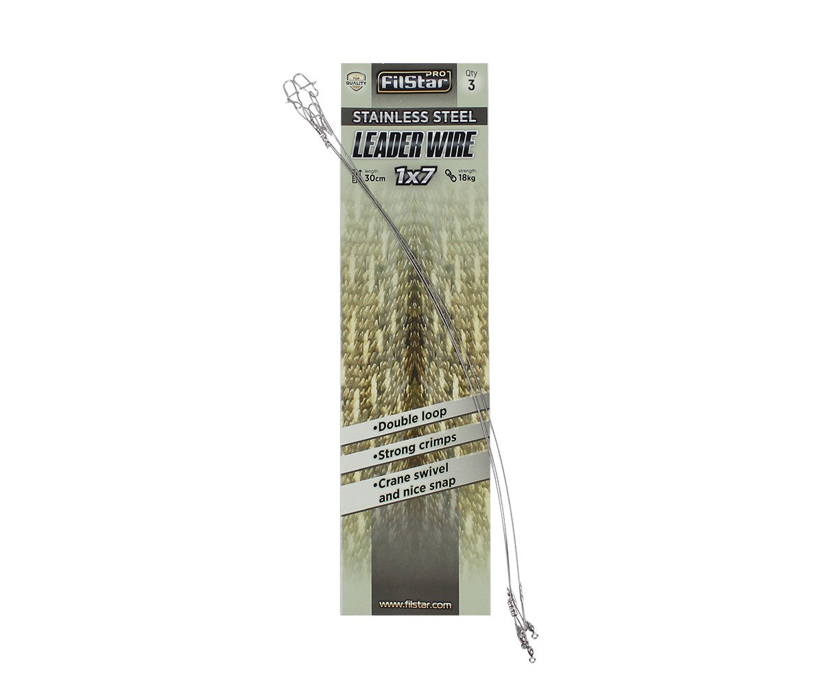 Поводи за щука Filstar, 30cm/18kg, 7-нишкова стомана с карабинка и вирбел, 3 бр в опаковка.