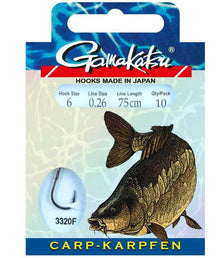 Вързани куки GAMAKATSU CARP BLACK 3320BF - куки с дължина 75 см, опаковка от 10 броя, идеални за риболов на шаран.