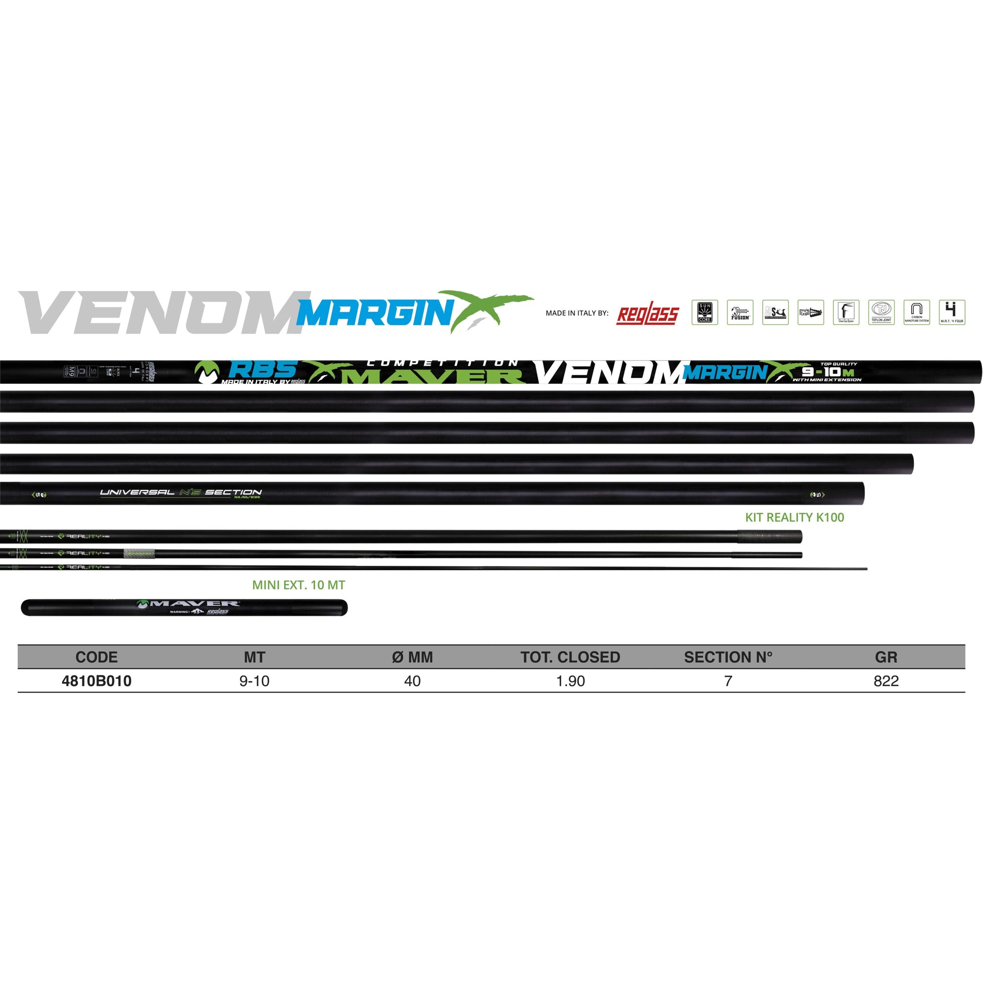 Щека MAVER POLE VENOM MARGIN 10M + MINI EXT /Модел 2026/ - риболовна пръчка за професионални рибари.
