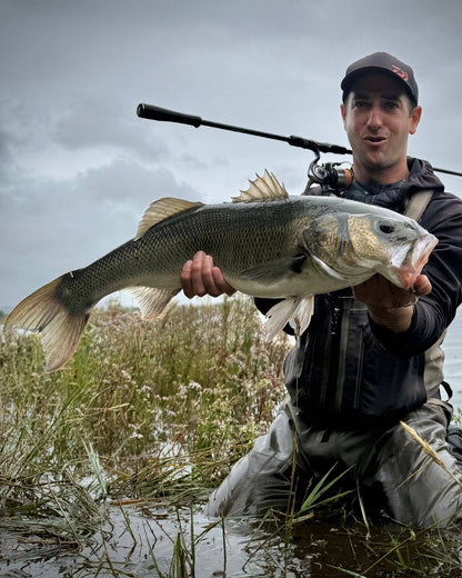 Риболовец с голямо риба на фона на природата, държи Спининг въдици DAIWA LABRAX - New model 2025.