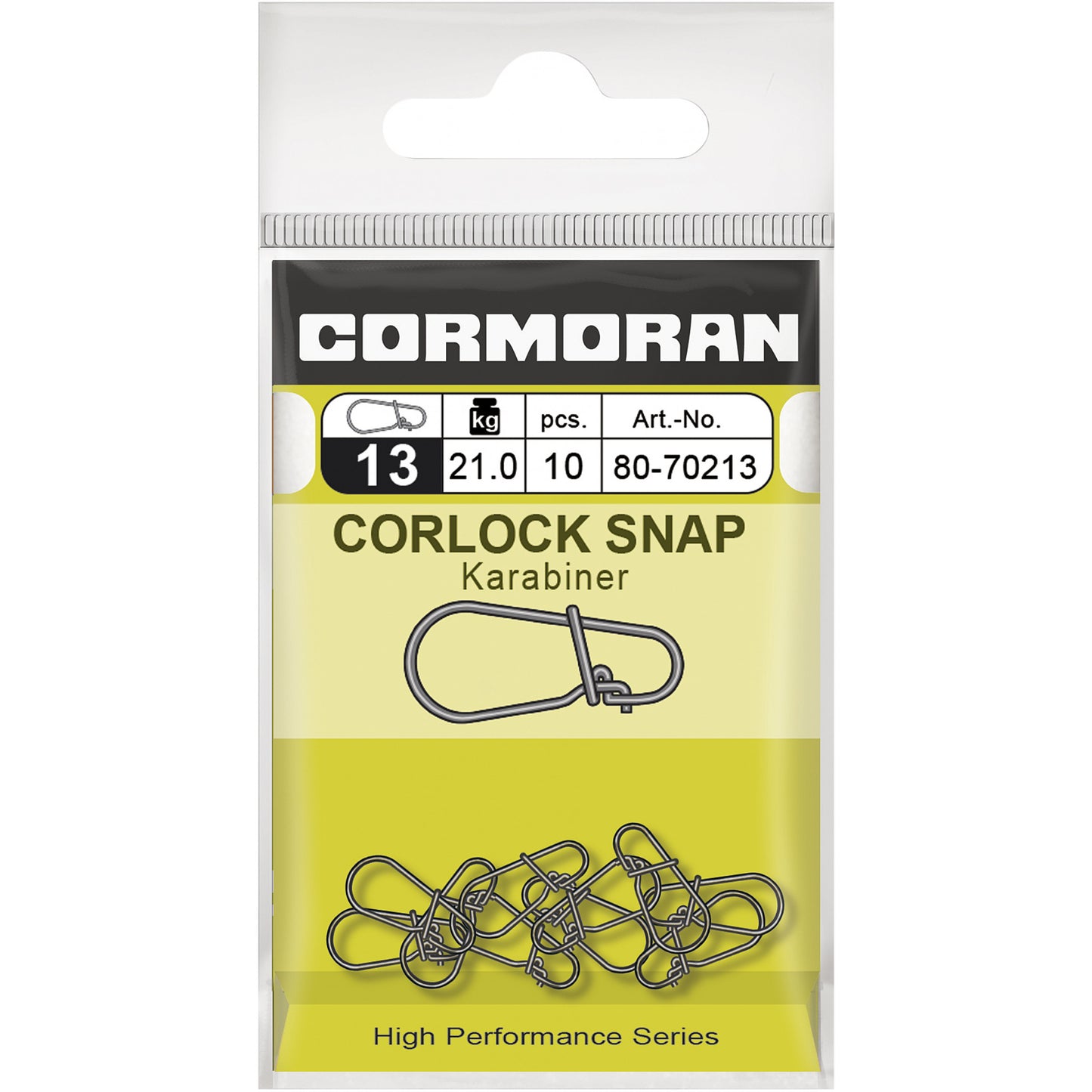 Карабинка - CORMORAN CORLOCK SNAP в опаковка с 10 броя, тест 21 кг, идеална за риболовци.