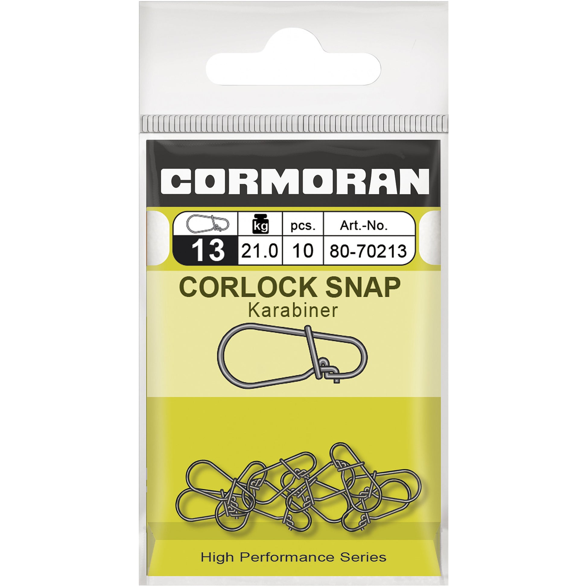 Карабинка - CORMORAN CORLOCK SNAP в опаковка с 10 броя, тест 21 кг, идеална за риболовци.