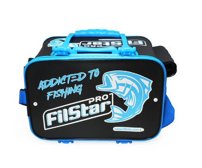 Водоустойчива чанта FilStar EVA ProDry BLUE 36 с дизайн 'Addicted to Fishing' за риболовни такъми.