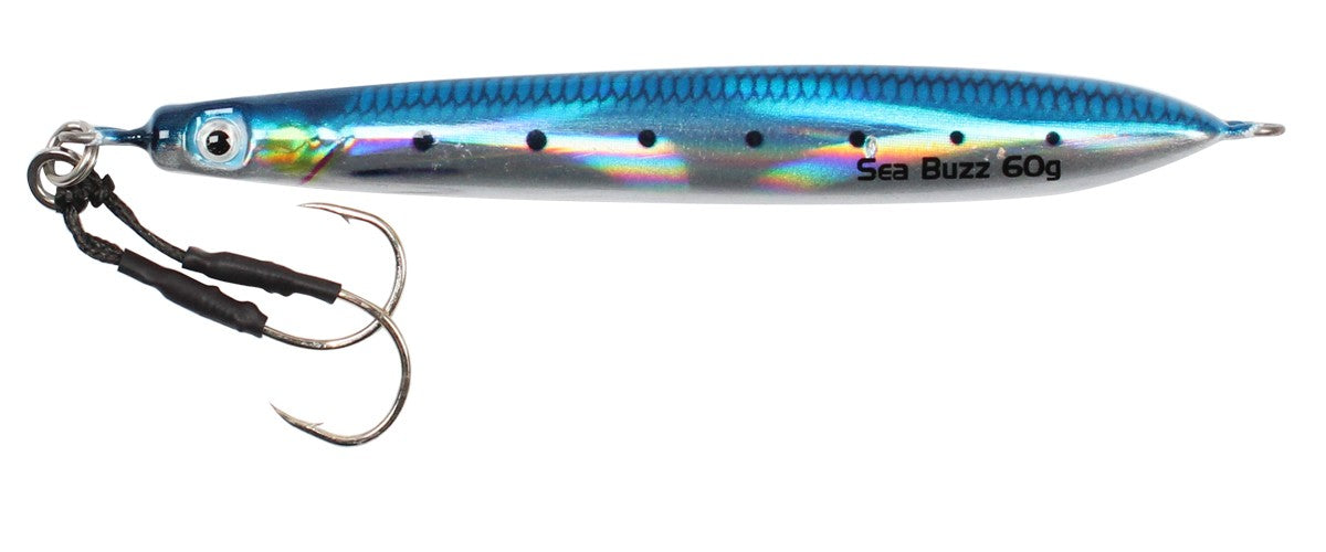 Пилкер SeaBuzz 342RA UV - 10cm/60gr с UV покритие и асист куки, привлекателен за джиг риболов.