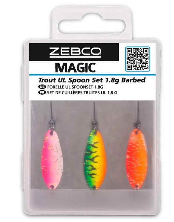 Сет клатушки ZEBCO TROUT UL SPOON SET - 3бр. в опаковка, включваща три различни клатушки за ултралайт риболов.