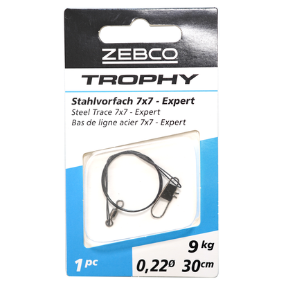 Стоманен повод за щука ZEBCO Trophy Steel Trace 7x7 EXPERT - 30cm/9kg в оригиналната опаковка.