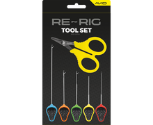 Комплект инструменти за шаранджийски риболов AVID RE-RIG TOOL SET с ножици и игли в разнообразни цветове.