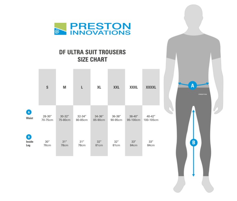 Водоустойчив панталон PRESTON DF ULTRA TROUSERS размерна таблица за риболовни такъми.