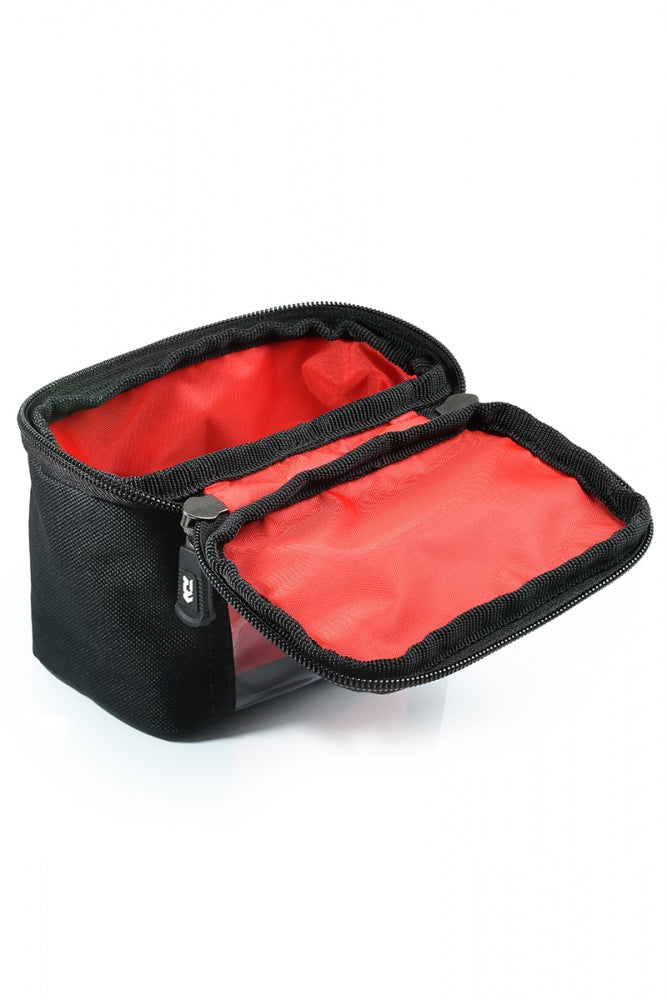 Калъф за аксесоари DAIWA MATCHMAN BLITZ BAG - SMALL с червен интериор и прозрачен прозорец.