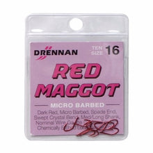 Куки DRENNAN Red Maggot - опаковка с размер 16, тъмночервени, микро с барбел, идеални за риболов.