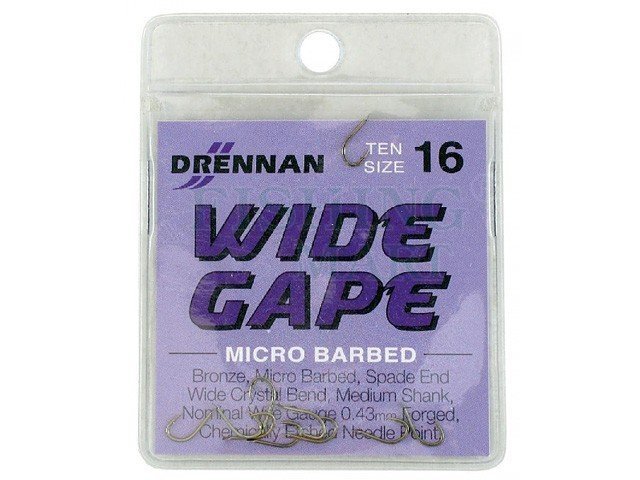 Куки DRENNAN Wide Gape в опаковка от 10 броя, бронзово покритие, средно дълго стебло, микробарб. Идеални за риболов.