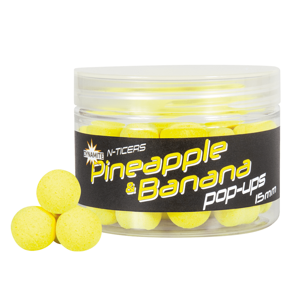 Плуващи топчета Dynamite Baits N-Ticers Pop-Ups - 12mm, жълти топчета с аромат на ананас и банан.