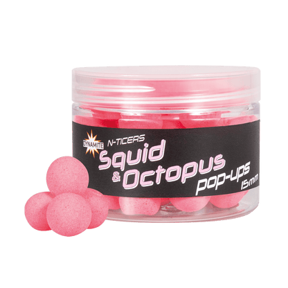 Плуващи топчета Dynamite Baits N-Ticers Pop-Ups - 15mm, розови, с вкус на калмари и октопод, 15 мм.