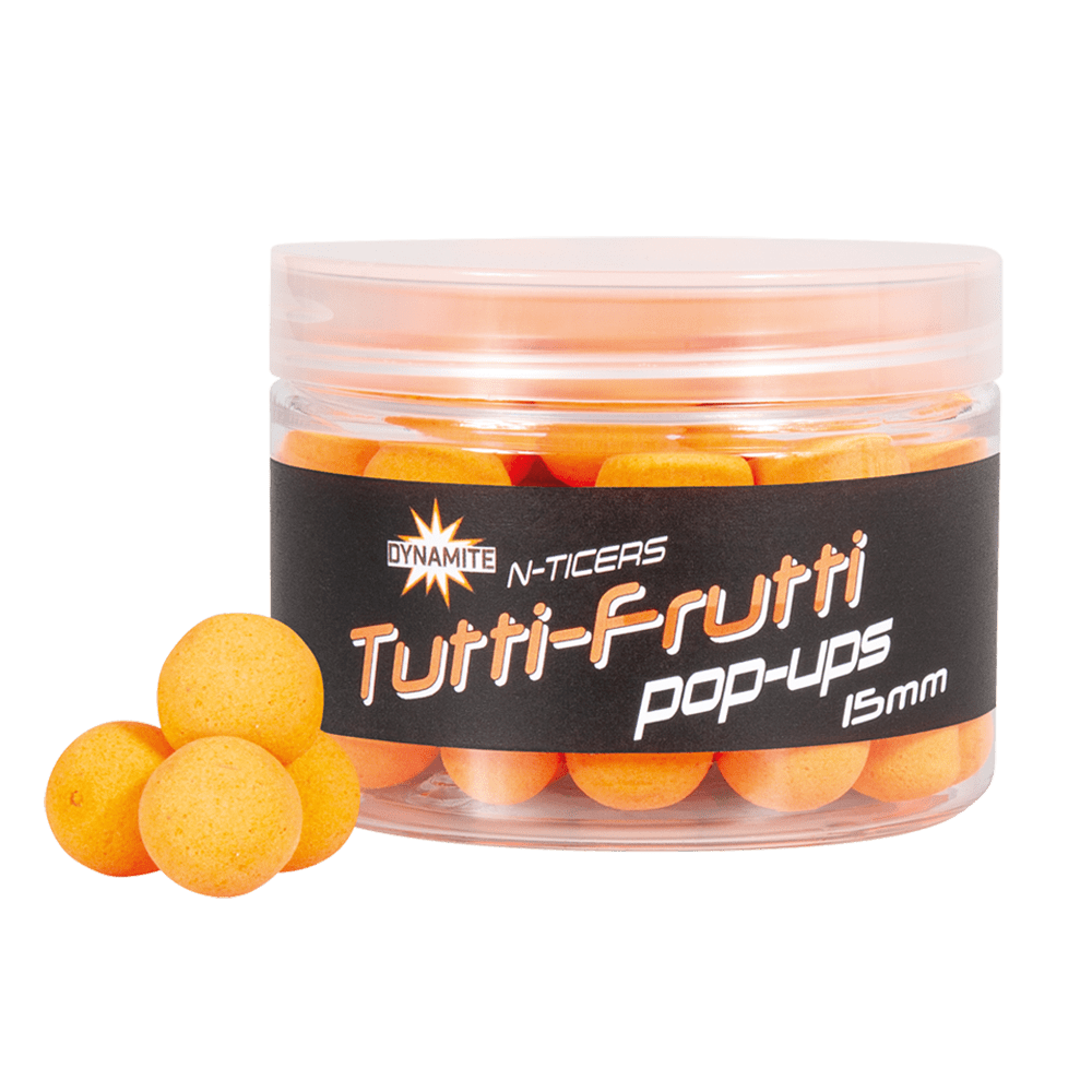 Плуващи топчета Dynamite Baits N-Ticers Pop-Ups - 12mm, ярки аромати на Tutti-Frutti за риболов.
