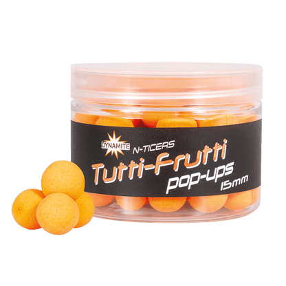 Плуващи топчета Dynamite Baits N-Ticers Pop-Ups - 12mm, ярки аромати на Tutti-Frutti за риболов.
