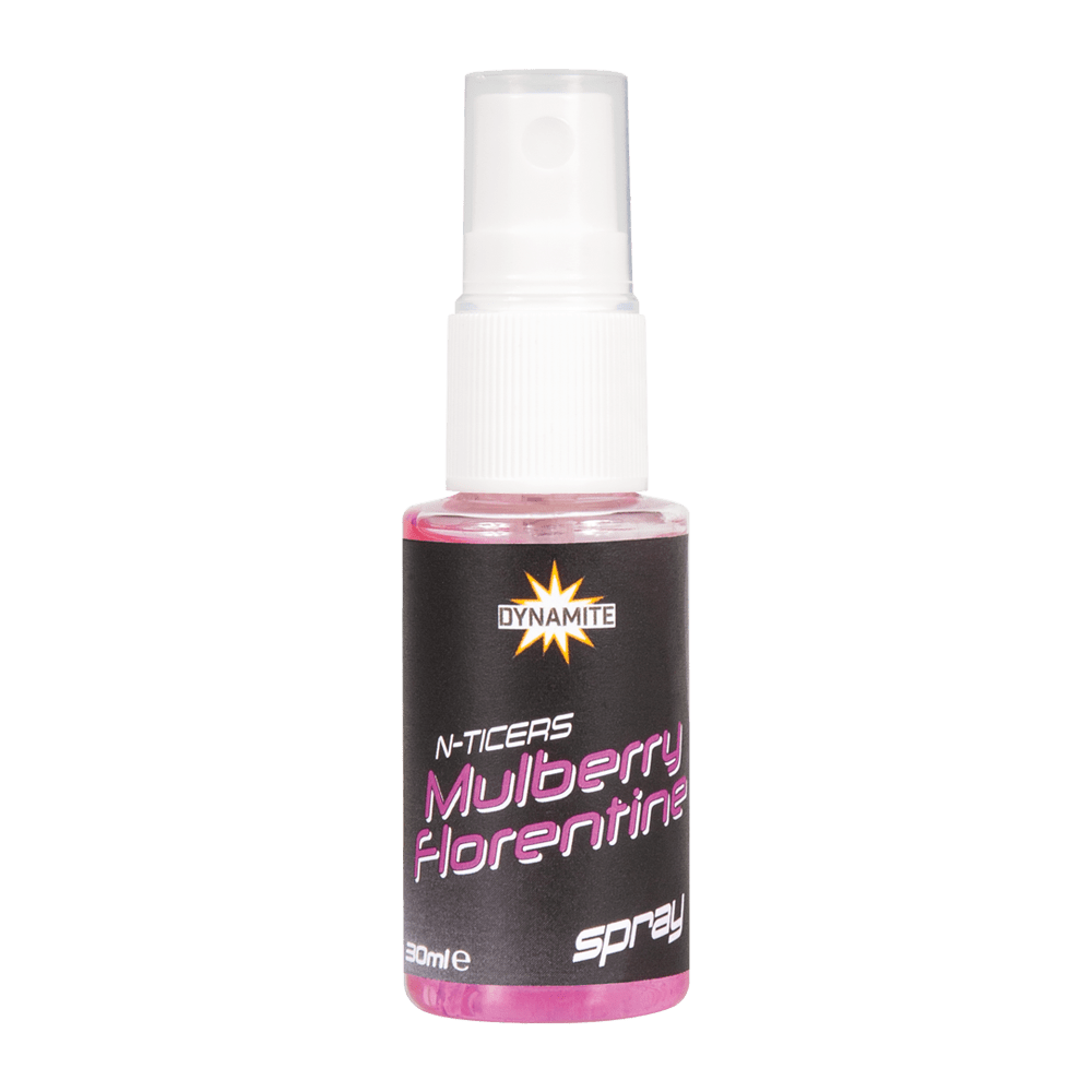 Атрактант Dynamite Baits N-Ticers - 30ml, спрей с вкус на MULBERRY FLORENTINE, идеален за риболов.