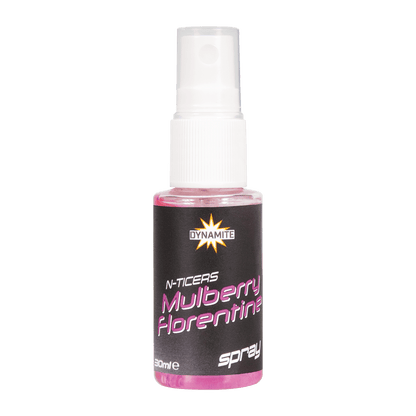 Атрактант Dynamite Baits N-Ticers - 30ml, спрей с вкус на MULBERRY FLORENTINE, идеален за риболов.