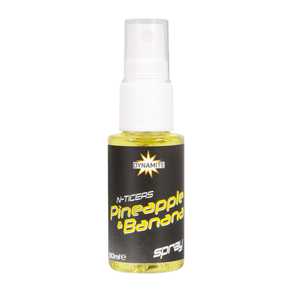 Атрактант Dynamite Baits N-Ticers - 30ml с аромат на ананас и банан в спрей формата, идеален за риболов.