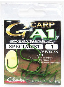 Куки GAMAKATSU A1 G-CARP GREEN SPECIAL в опаковка с камуфлажно покритие, 10 броя, здрава и устойчива на корозия.
