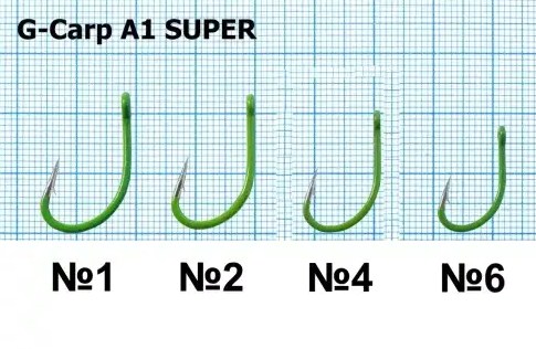 Куки GAMAKATSU A1 G-CARP GREEN SUPER в различни размери - №1, №2, №4, №6, с иновативно зелено покритие.