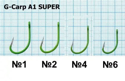 Куки GAMAKATSU A1 G-CARP GREEN SUPER в различни размери - №1, №2, №4, №6, с иновативно зелено покритие.