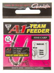 Куки GAMAKATSU A1 TEAM FEEDER FINE CARP - опаковка с информация за размера и издръжливостта.