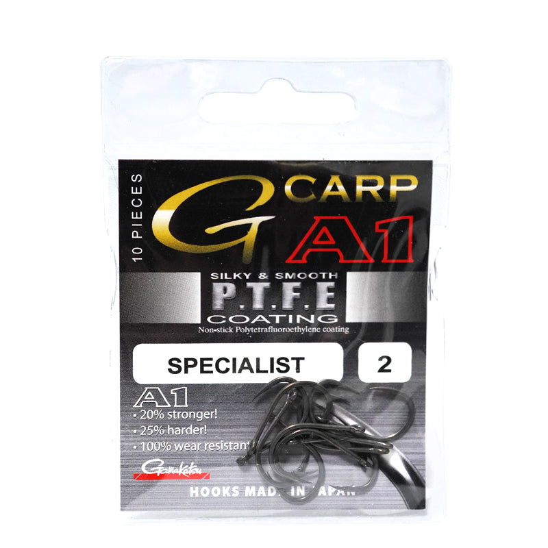 Куки GAMAKATSU A1 G-CARP SPECIALIST PTFE в опаковка с 10 броя, устойчиви на корозия и иновативно PTFE покритие.
