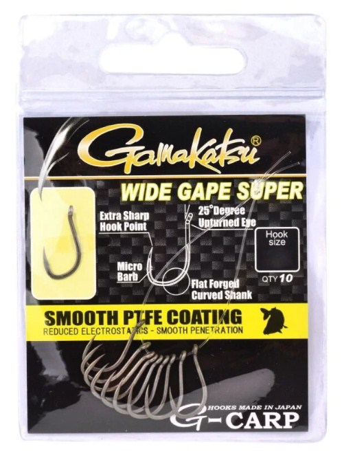 Куки с ухо GAMAKATSU G-CARP WIDE GAPE SUPER PTFE - перфектна кука с 25 градуса ъгъл и PTFE покритие.