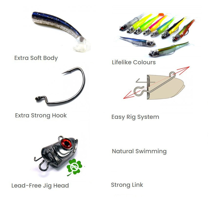 Силиконови примамки GT-Bio Roller Shad - Combo - Бисмут с меко тяло, живи цветове и здрави куки.