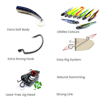 Силиконови примамки GT-Bio Roller Shad - Combo - Бисмут с меко тяло, живи цветове и здрави куки.