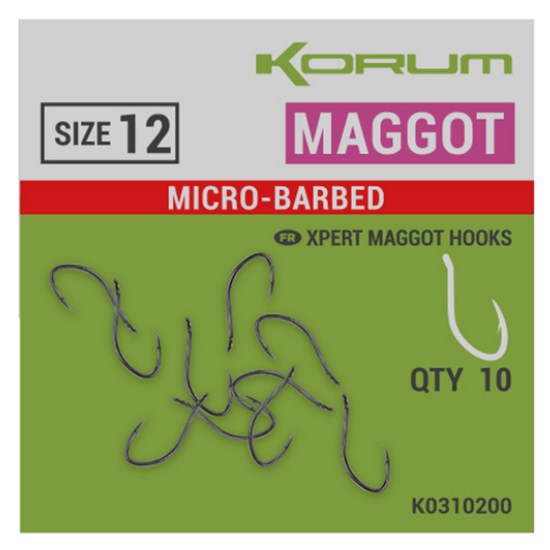 Kуки с контра KORUM XPERT MAGGOT BARBED, размер 12, микро-барб, 10 броя в опаковка за риболов.