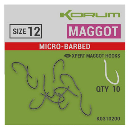 Kуки с контра KORUM XPERT MAGGOT BARBED, размер 12, микро-барб, 10 броя в опаковка за риболов.
