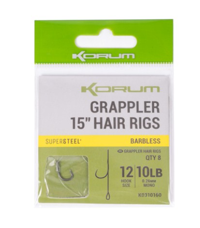Куки без контра на косъм KORUM GRAPPLER HAIR RIGS - BARBLESS, пакет с 8 броя за риболов.