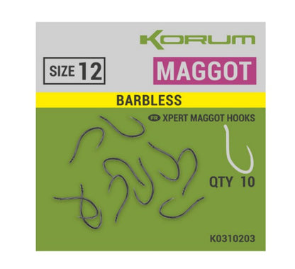 Куки без контра KORUM XPERT MAGGOT BARBLESS - размер 12, 10 броя в опаковка, проектирани за риболов.