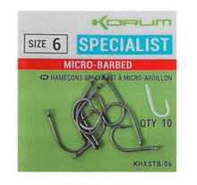Kуки с контра KORUM SPECIALIST BARBED HOOKS размер 6, комплект от 10 броя, идеални за риболов на шаран.