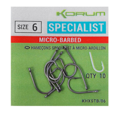 Kуки с контра KORUM SPECIALIST BARBED HOOKS размер 6, комплект от 10 броя, идеални за риболов на шаран.