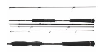 Спининг въдица DAIWA 23 MEGAFORCE TRAVEL SPIN - 2.40m/10-40gr - 4 секции на фона с различни секции.