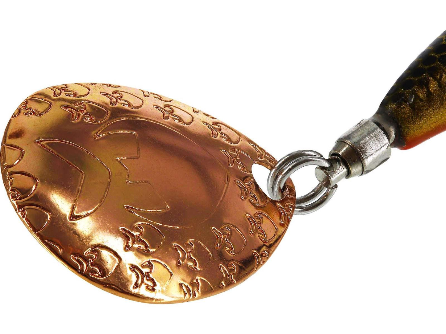 Спинер Westin DropBite Tungsten Spin Tail Jig с меден цвят и шарка за мощни вибрации при риболов.