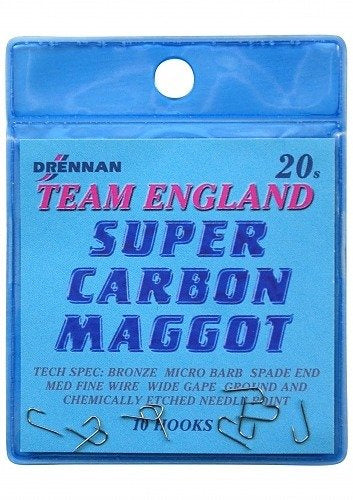 Куки DRENNAN Super Carbon Maggot опаковка с 20 куки, специализирани за риболов на бели червеи.