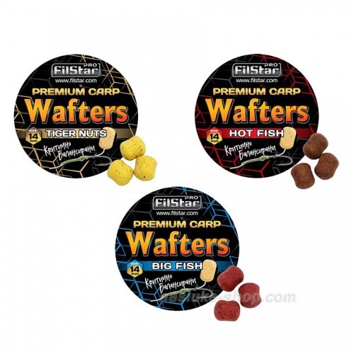Балансирaни дъмбели FilStar Wafters Premium Carp Mini - 8x5mm / 30g - различни аромати, представени в опаковки.