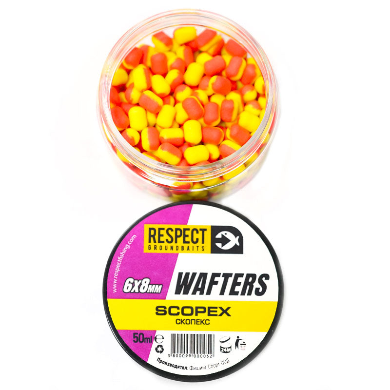 Балансирани дъмбели Respect Wafters - различни аромати, двуцветни стръв SCOPEX в буркан 50ml, 6x8mm.