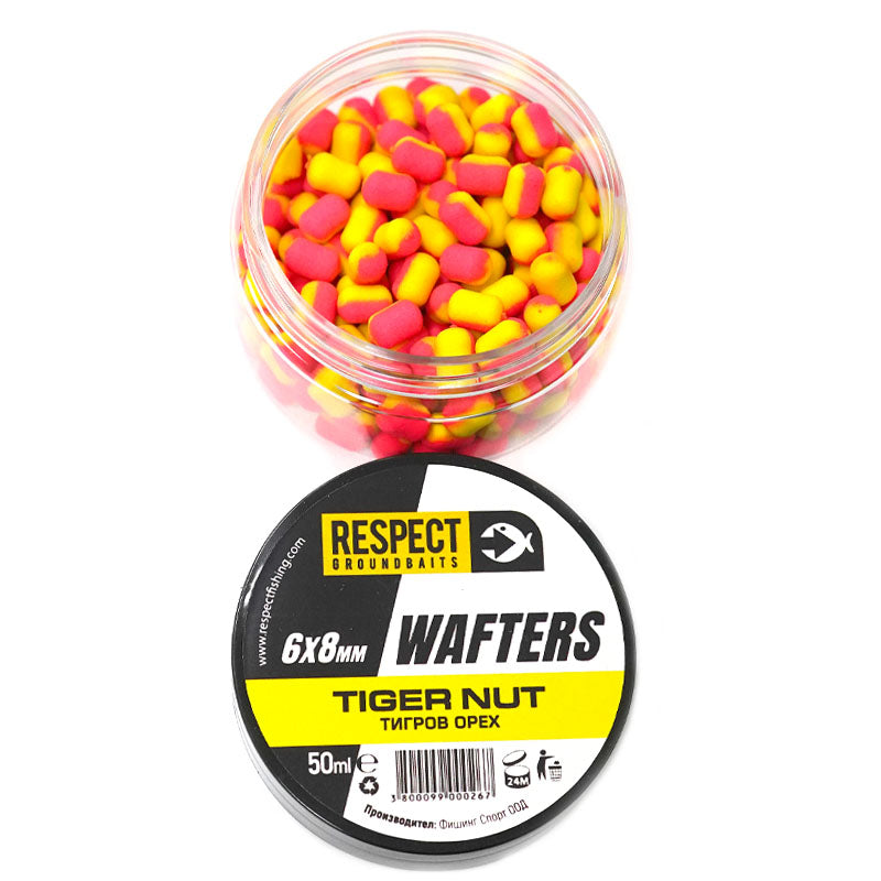 Балансирани дъмбели Respect Wafters - различни аромати, 6x8mm TIGER NUT в буркан с ярки двуцветни топчета.