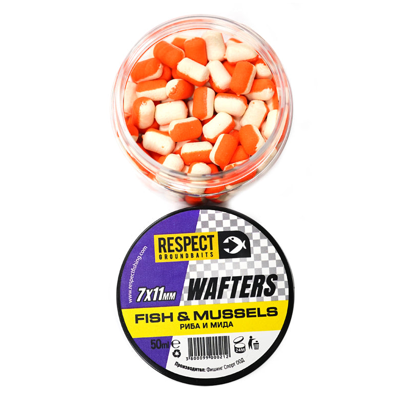 Балансирани дъмбели Respect Wafters - различни аромати в контейнер, риба и мида, 7x11mm.