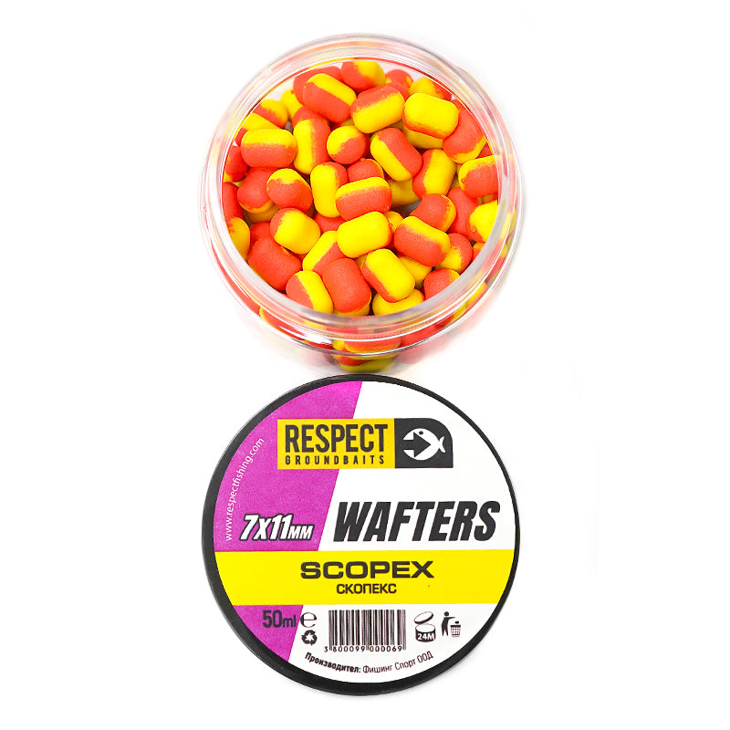 Балансирани дъмбели Respect Wafters - различни аромати, двуцветни стръв SCOPEX 7x11mm в буркан.